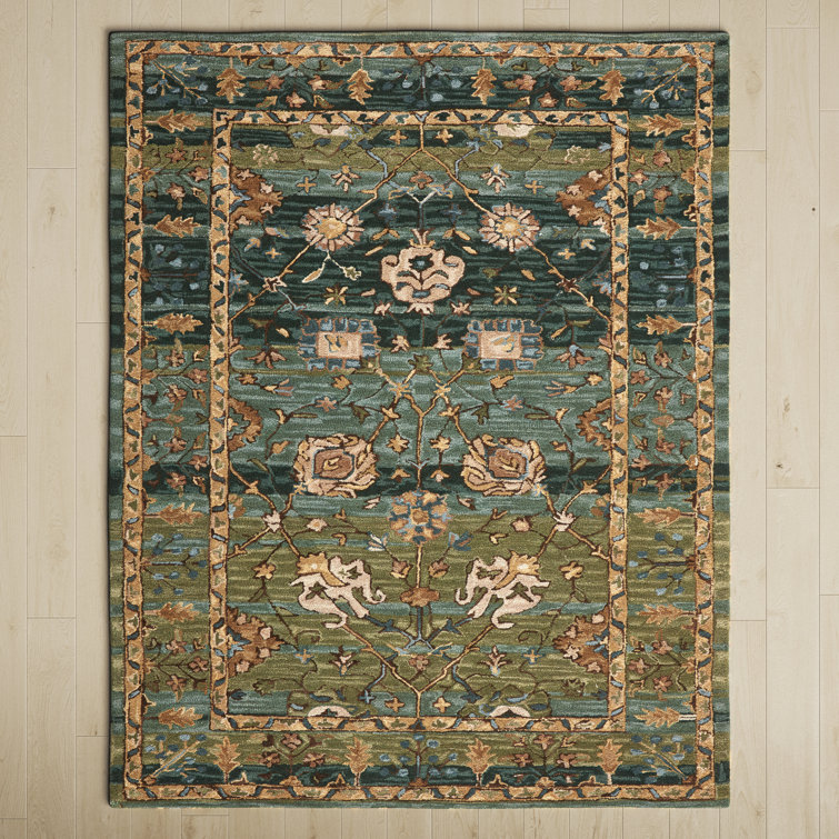Corla Blue and Green Floral Hand-Tufted Wool Rug 8' x 10'