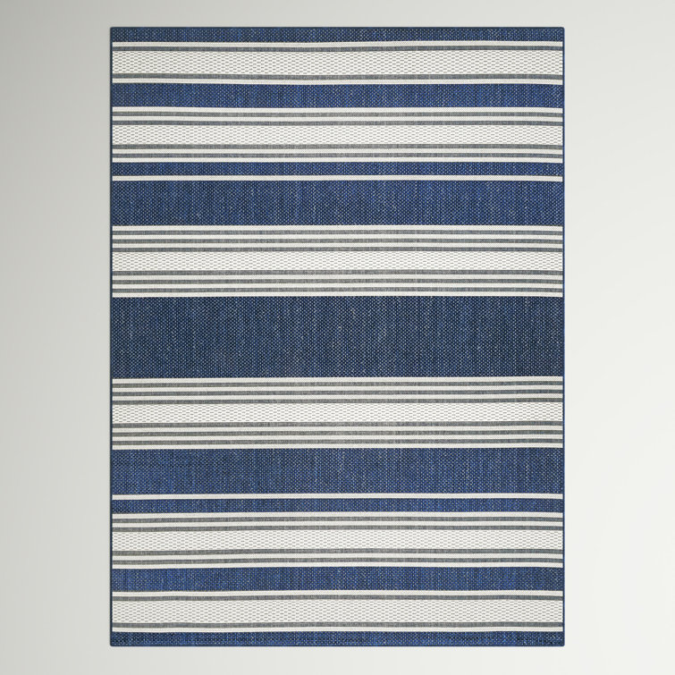 Navy Striped Washable Synthetic 8' x 10' Indoor/Outdoor Rug