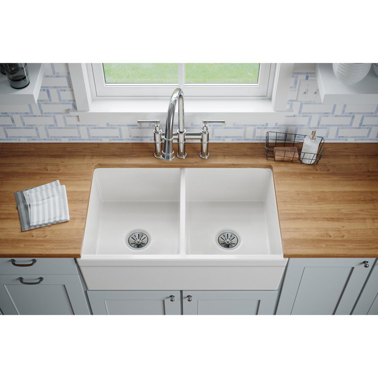 Elkay 33" White Fireclay Double Bowl Farmhouse Sink