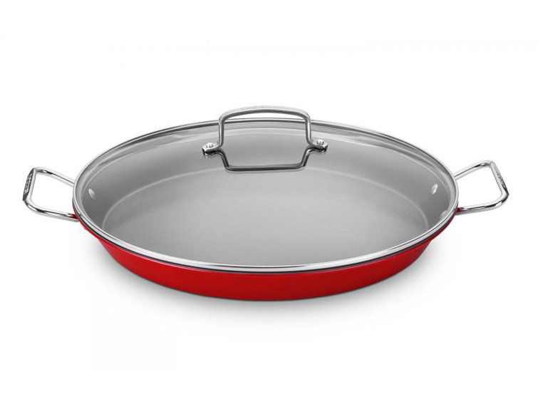 Red 15-Inch Non-Stick Steel Paella Pan with Glass Lid