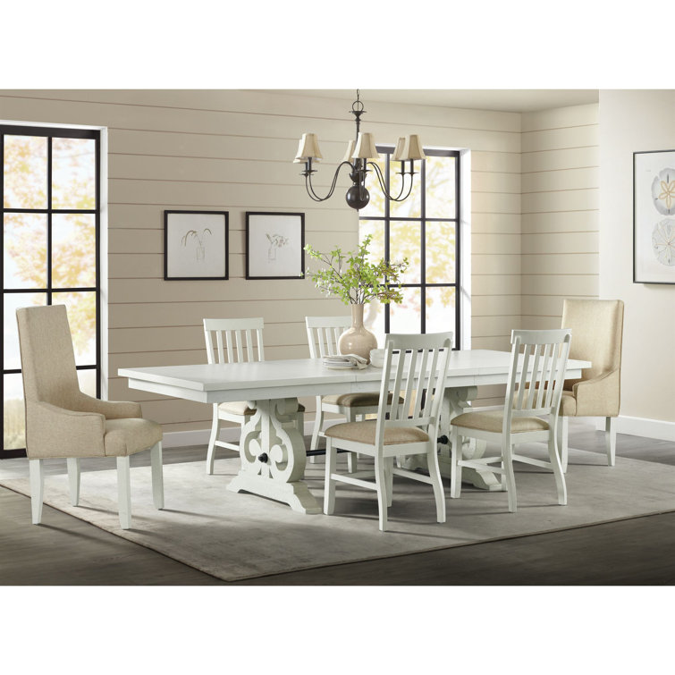 White Distressed Wood Extendable Dining Table with Scroll Trestle