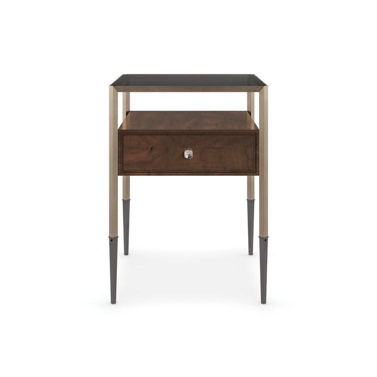 Square Smoked Glass and Walnut End Table with Brass Frame