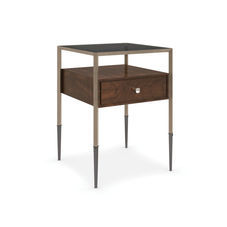 Square Smoked Glass and Walnut End Table with Brass Frame