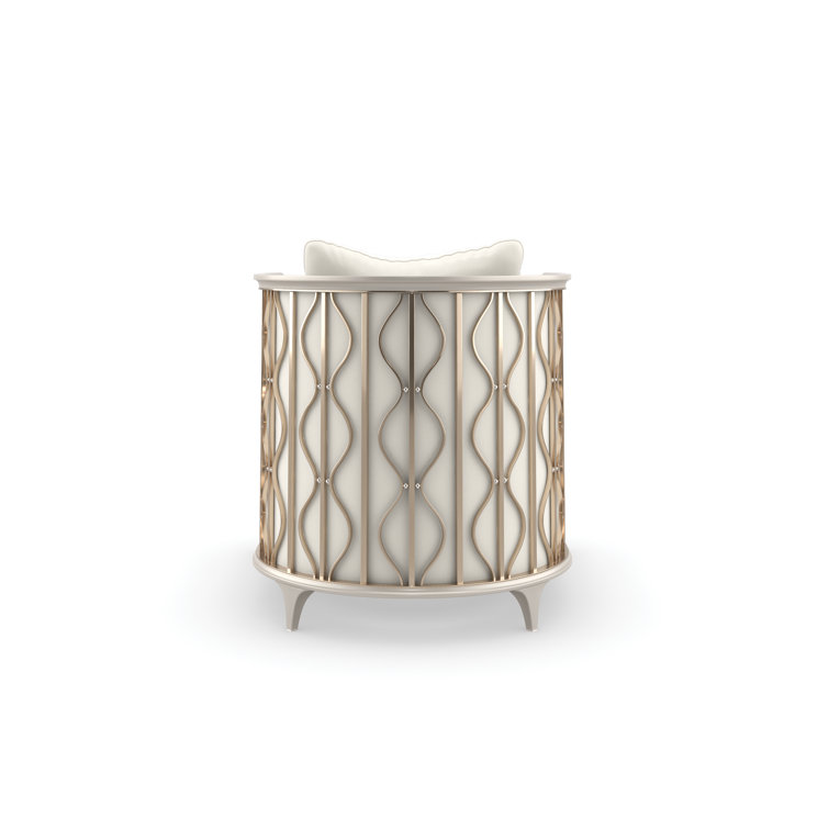 Handcrafted Gray Barrel Chair with Gold Metal Accents