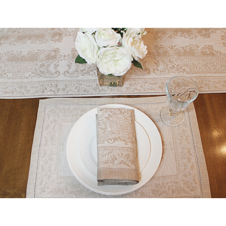 Ivory and Taupe Linen Floral 71'' Square Tablecloth