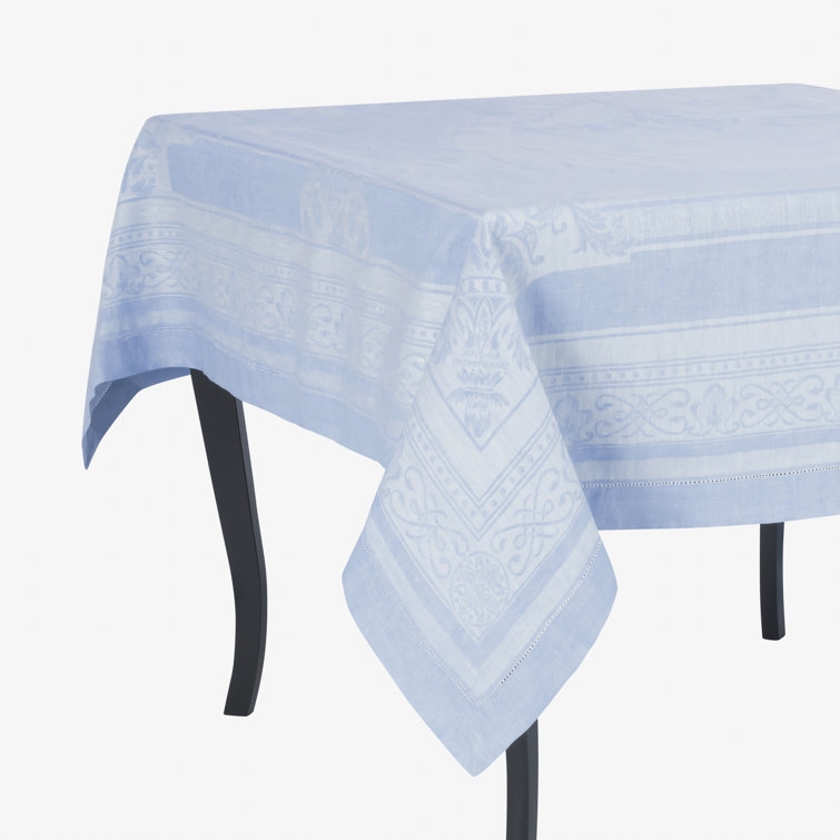 Ivory and Light Blue Linen Jacquard Tablecloth, 71" x 100"