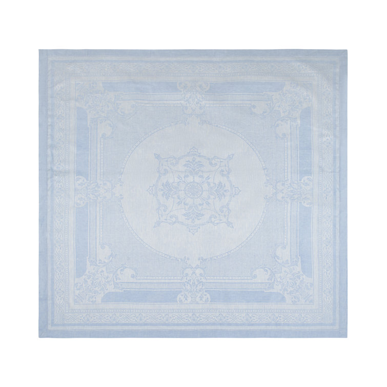 Ivory and Light Blue Linen Jacquard Tablecloth, 71" x 100"