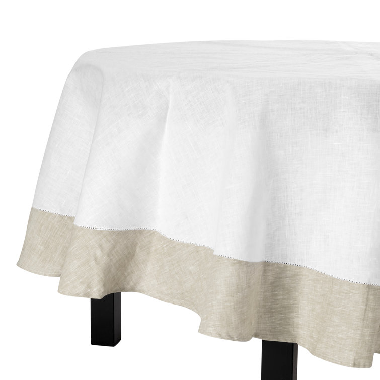 Luxurious 94" Round White and Beige Linen Tablecloth