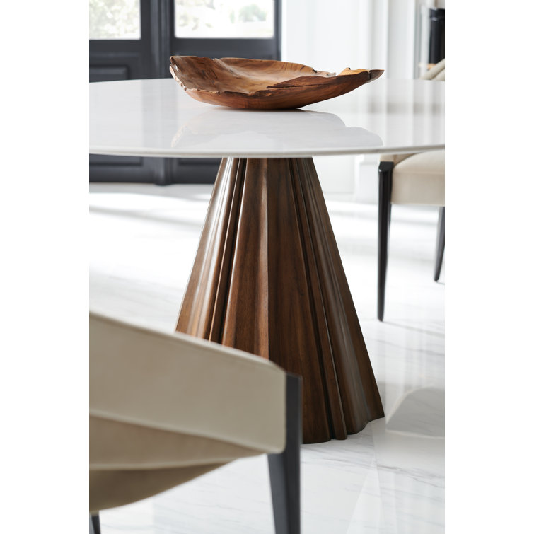 Round White Marble Dining Table with Walnut Base