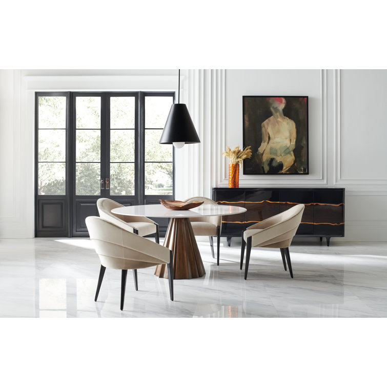 Round White Marble Dining Table with Walnut Base