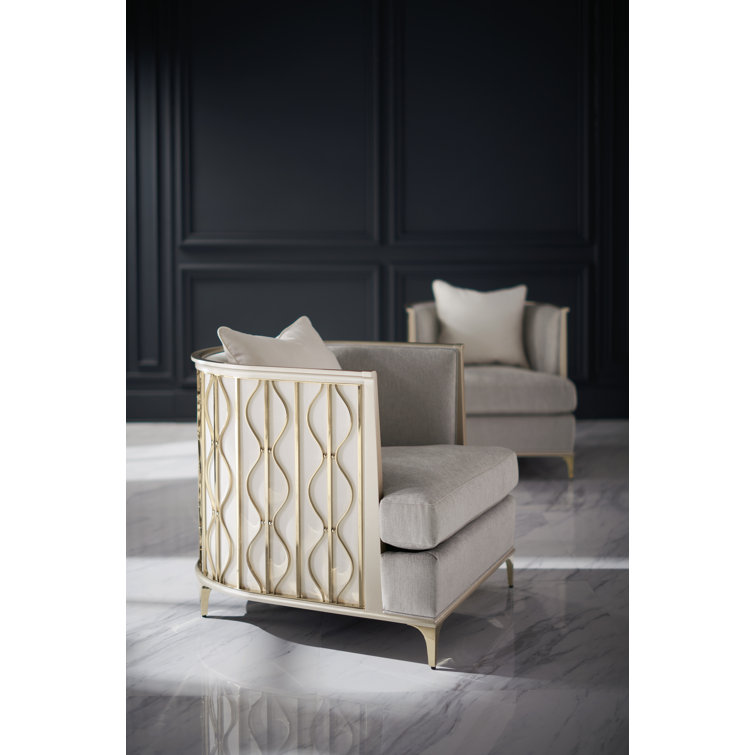 Handcrafted Gray Barrel Chair with Gold Metal Accents