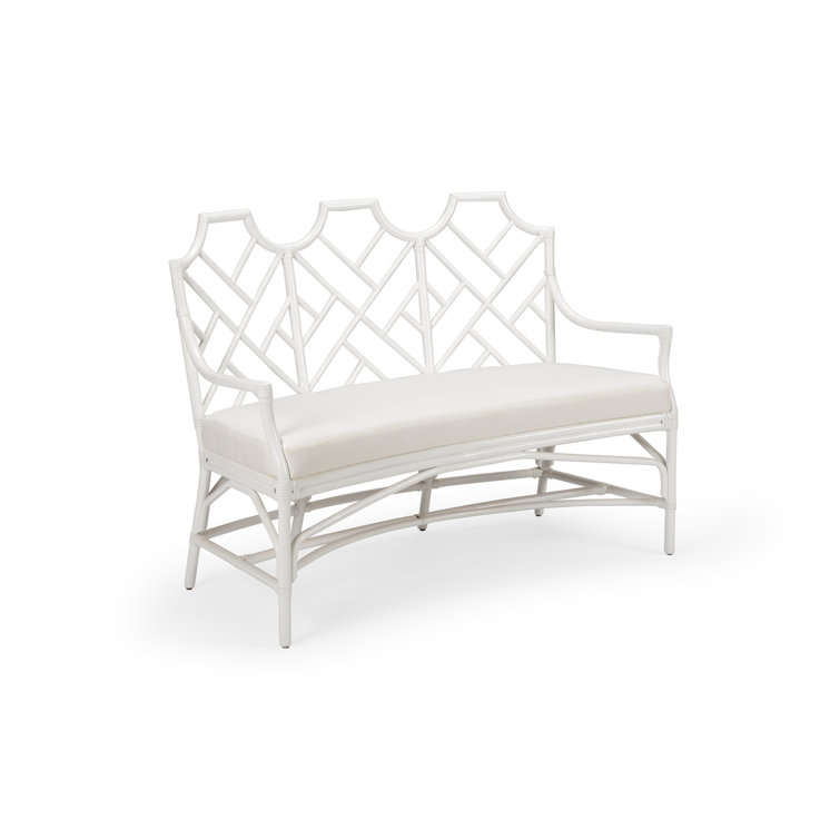 White Lacquer Curved Rattan Upholstered Bench with Muslin Seat