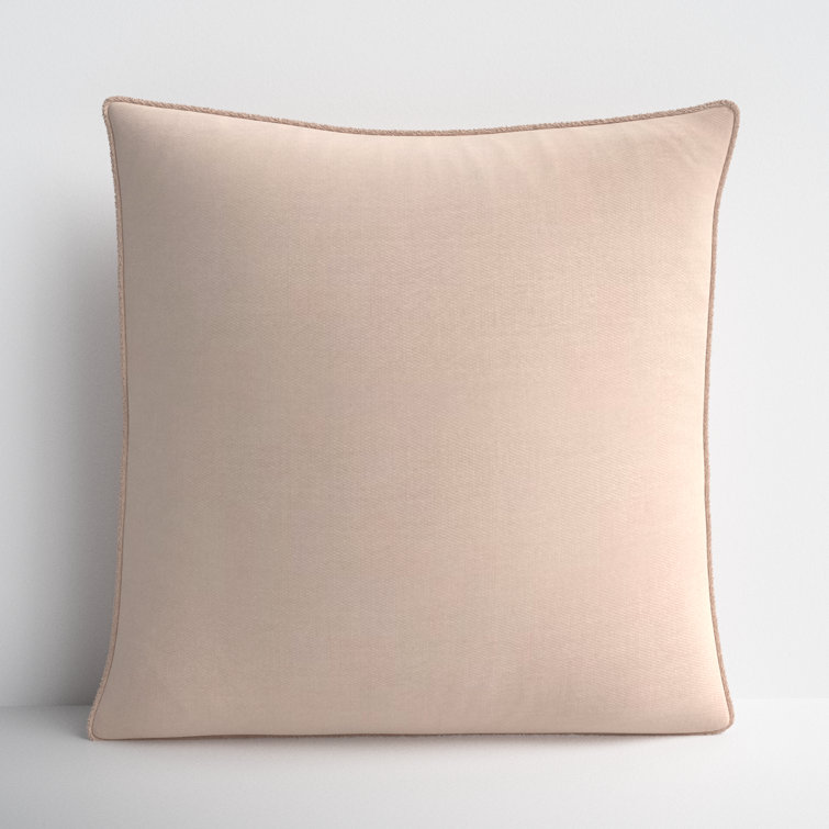 Tan Cotton Square Embroidered Throw Pillow with Fringed Edges