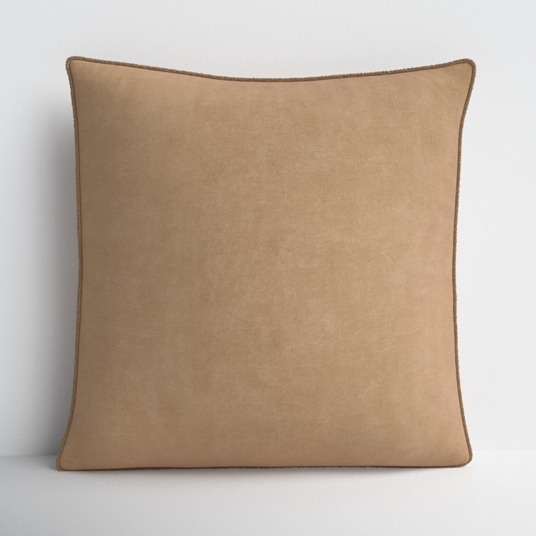 Tan Cotton Square Embroidered Throw Pillow with Fringed Edges