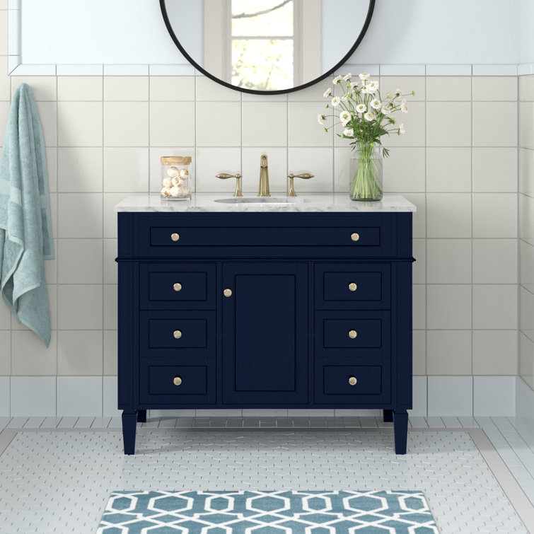 Blue Solid Wood MDF Marble Single Bathroom Vanity with Gold Hardware