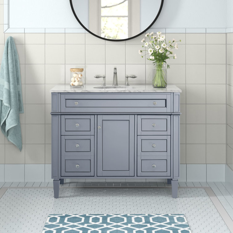 Gray Solid Wood and Marble Single Bathroom Vanity with Porcelain Sink