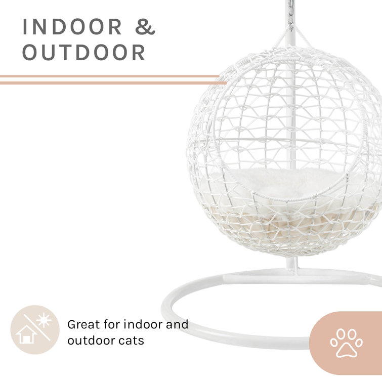 Medium Brown Rattan Hanging Egg Cat Condo with Cotton Cushion