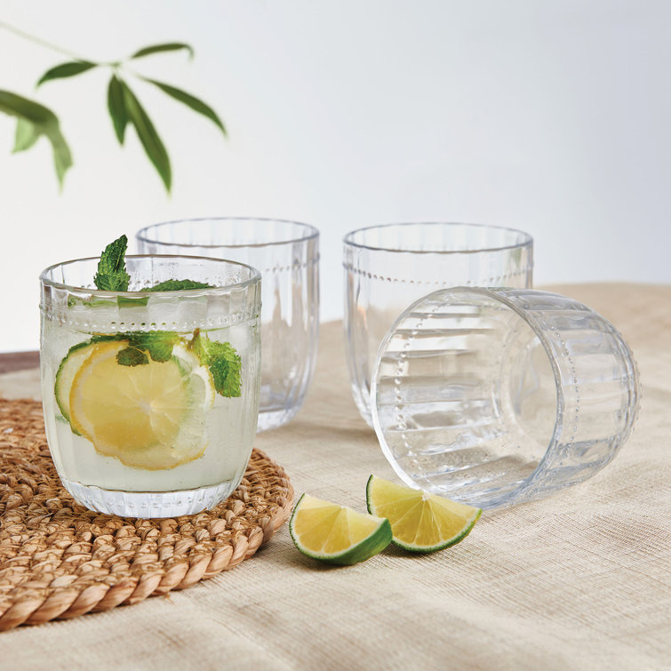 Clear Pressed Glass Lowball Set with Beaded Details, 10 oz
