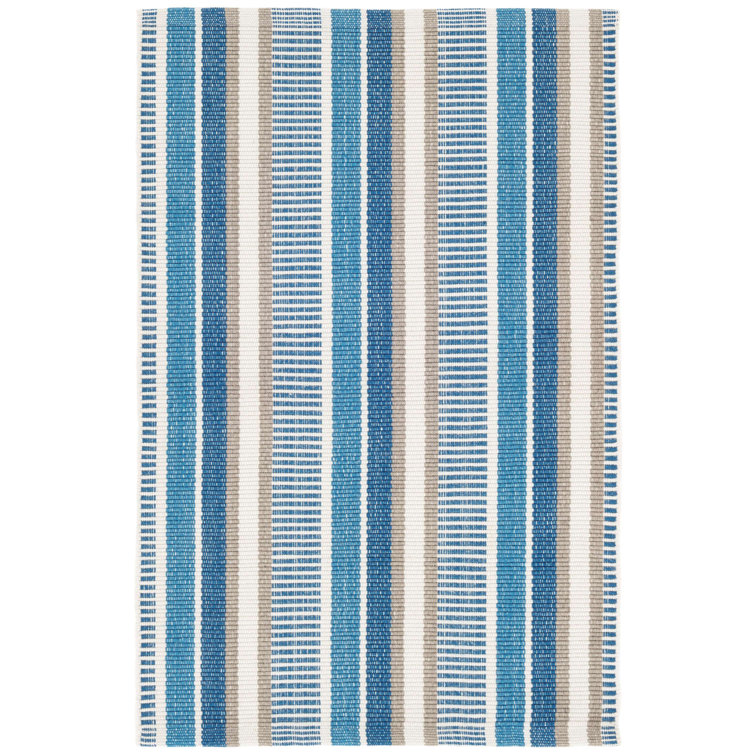 Blue and Beige Striped Handwoven Cotton Rug