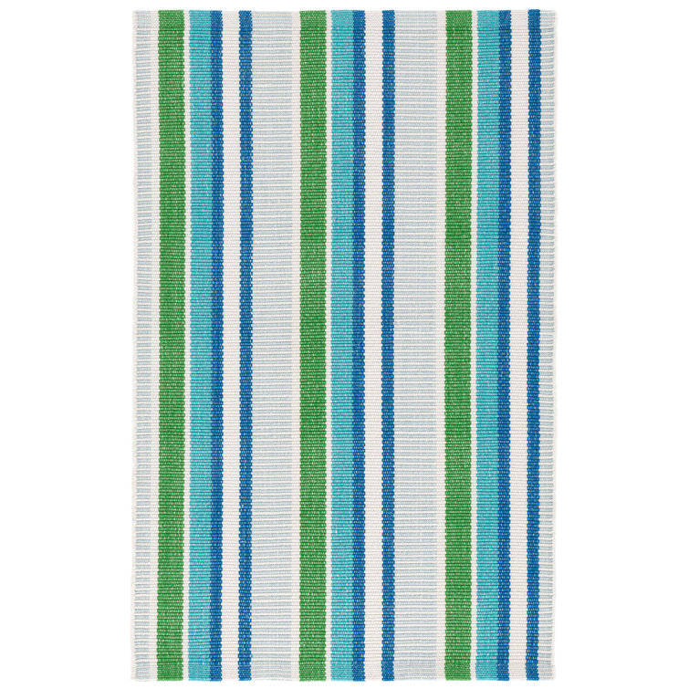 Cobalt and Green Handwoven Cotton Stripe Rug, 8' x 10'