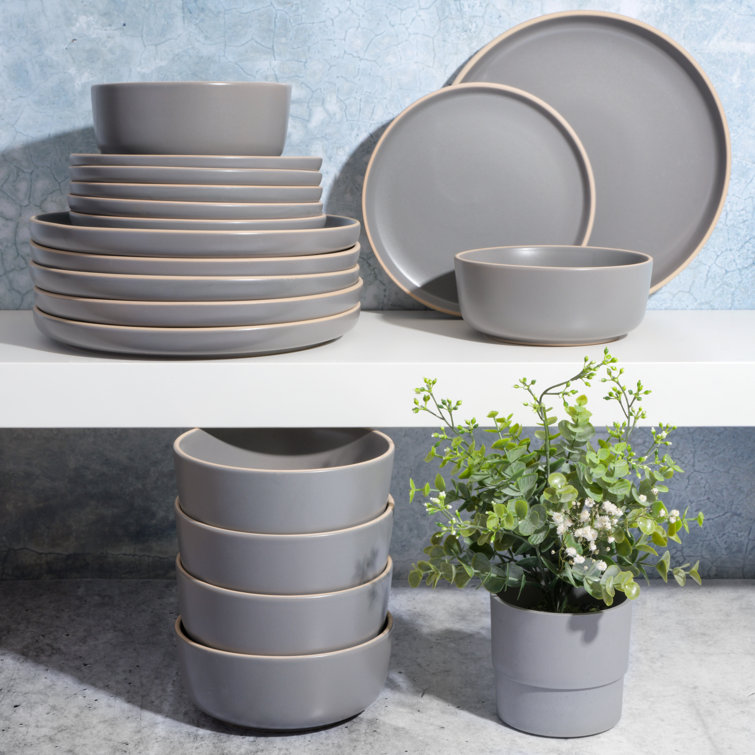 Gray and White Square Ceramic Dinnerware Set, Service for 6