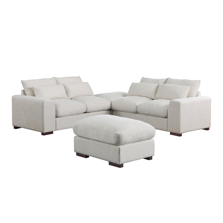 Beige Linen-Blend Modular Sectional Sofa with Ottoman & Toss Pillows
