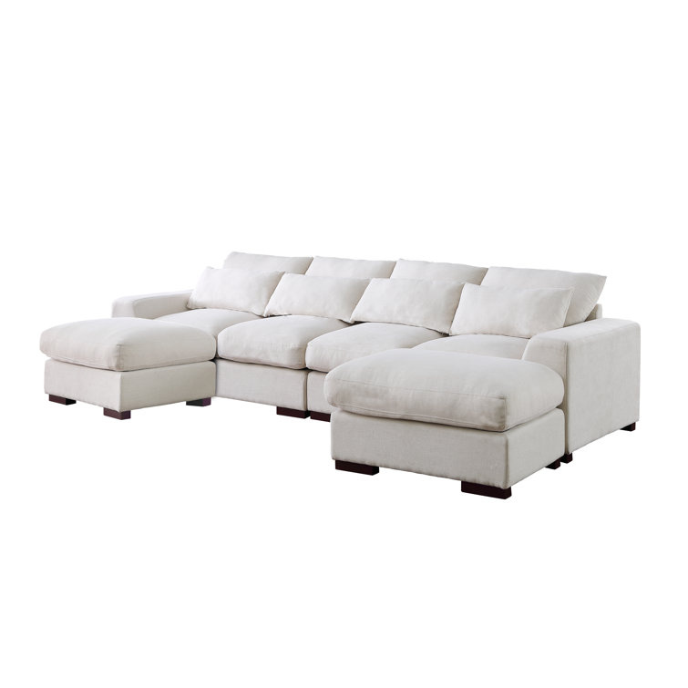 Beige Linen-Blend Modular Sectional Sofa with Ottoman & Toss Pillows