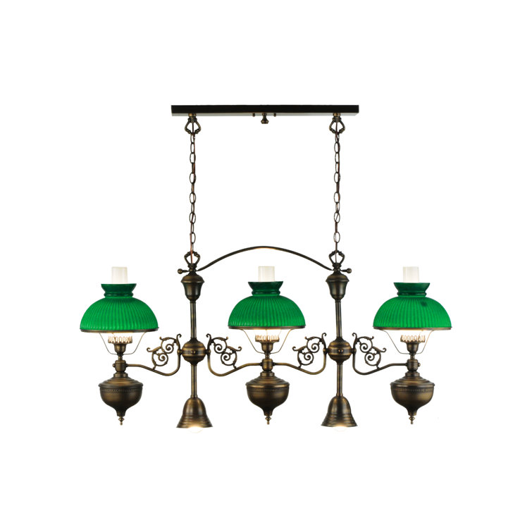 Emerald Green Glass 3-Light Antique Brass Island Pendant