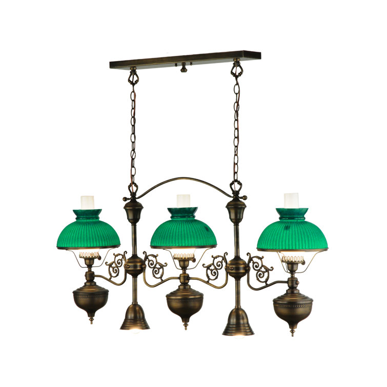 Emerald Green Glass 3-Light Antique Brass Island Pendant