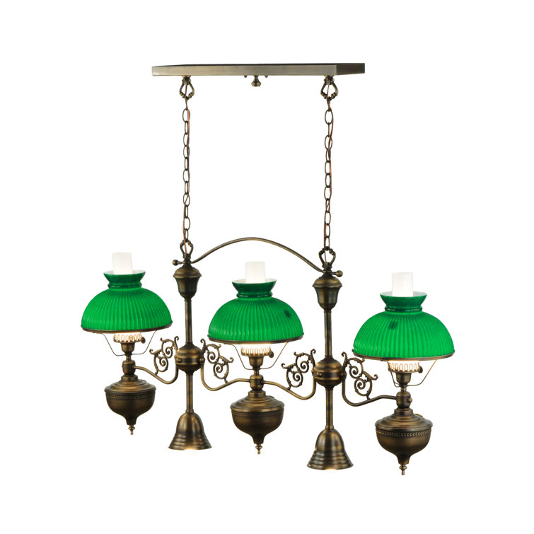 Emerald Green Glass 3-Light Antique Brass Island Pendant