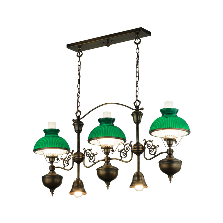 Emerald Green Glass 3-Light Antique Brass Island Pendant