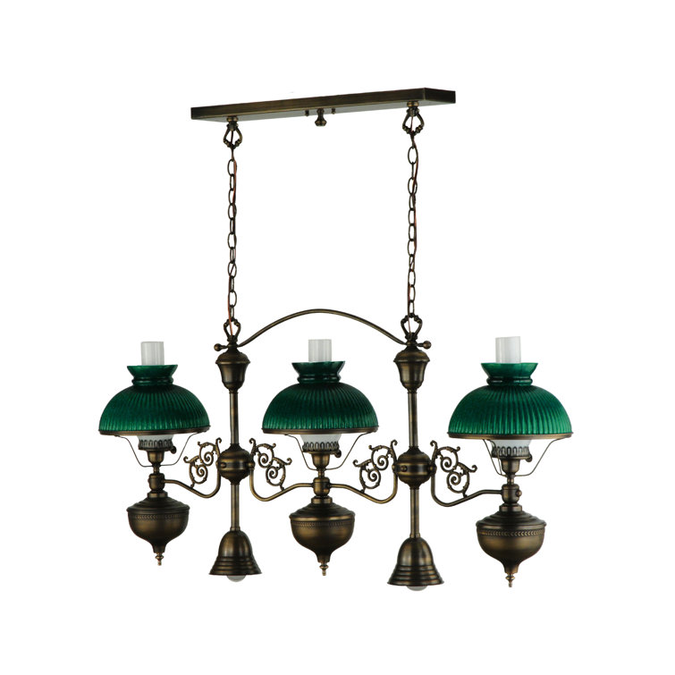 Emerald Green Glass 3-Light Antique Brass Island Pendant