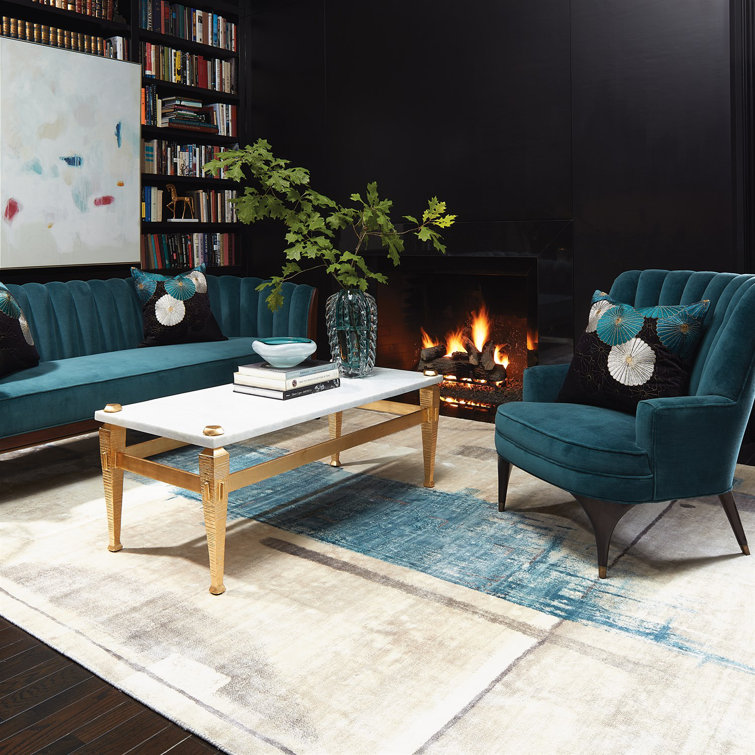 Dragonfly Blue Velvet Channel Back Sofa with Walnut Base