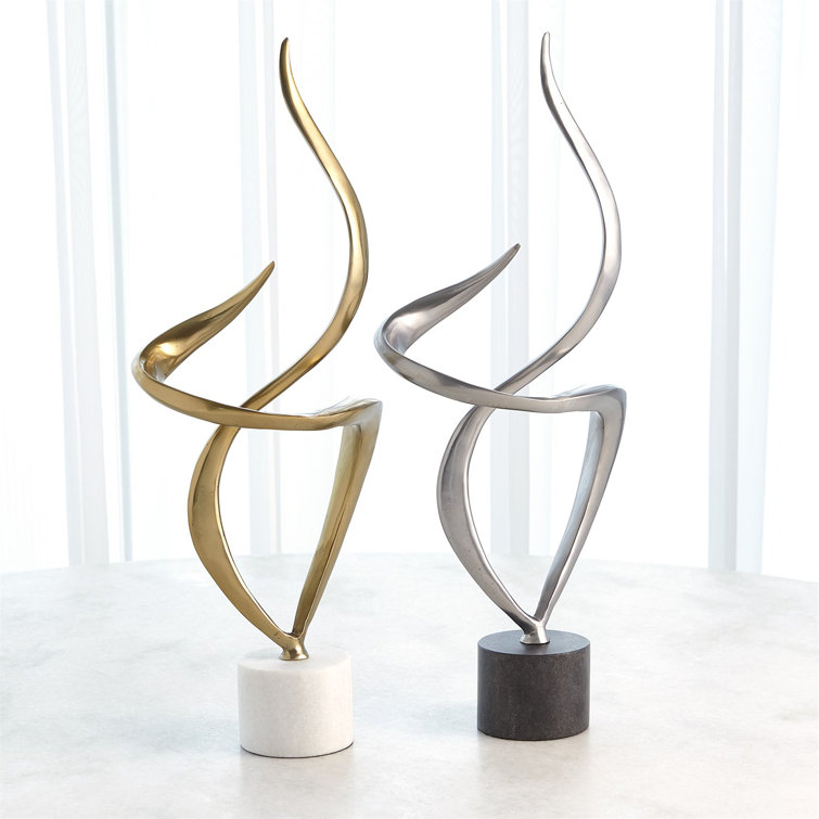 Swirl Antique Nickel Iron Sculpture with Black Marble Base