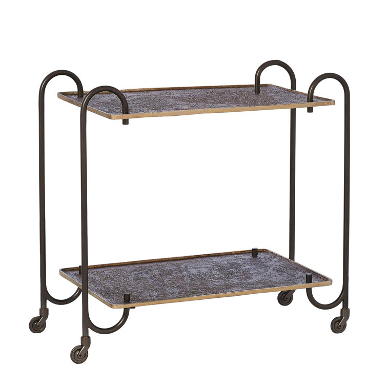 Regan Aged Brass and Dark Bronze Textured Metal Bar Cart with Casters