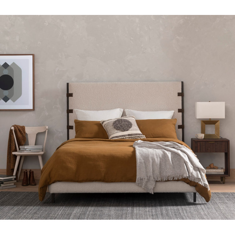 King Cream Upholstered Metal Frame Bed with Faux Leather Straps