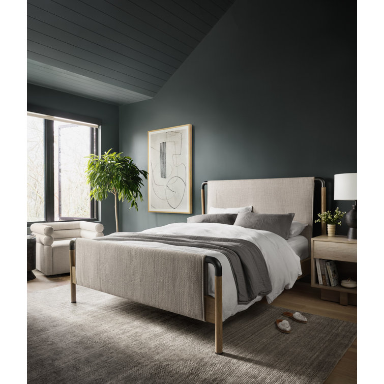 Cream Upholstered Queen Platform Bed with Oak Frame