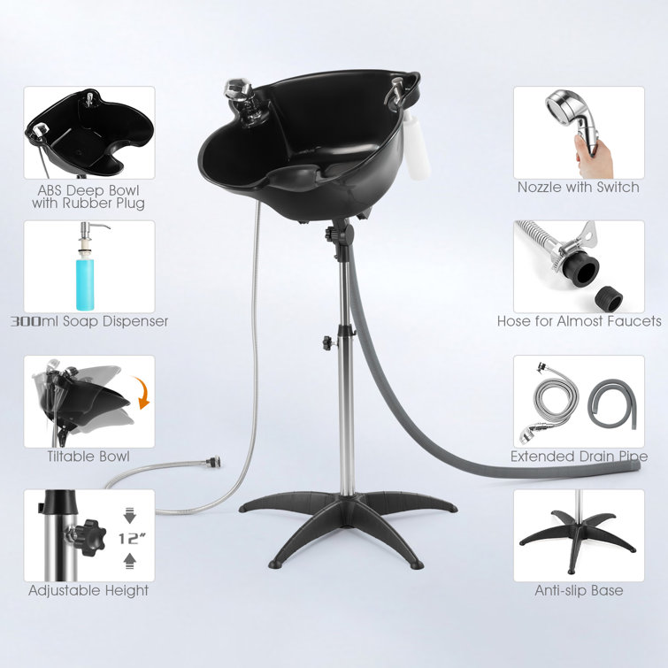 Adjustable Black Stainless Steel Portable Salon Sink with Single Handle Faucet