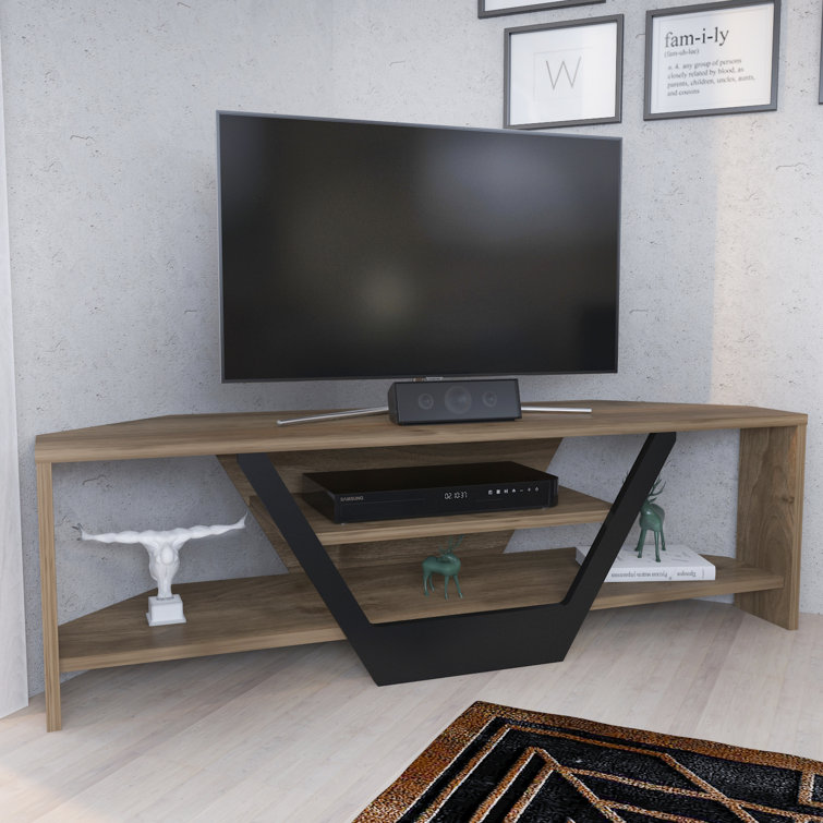 Walnut and Black Corner TV Stand with Open Shelving