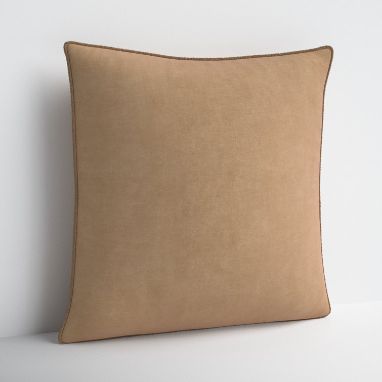 Tan Cotton Square Embroidered Throw Pillow with Fringed Edges