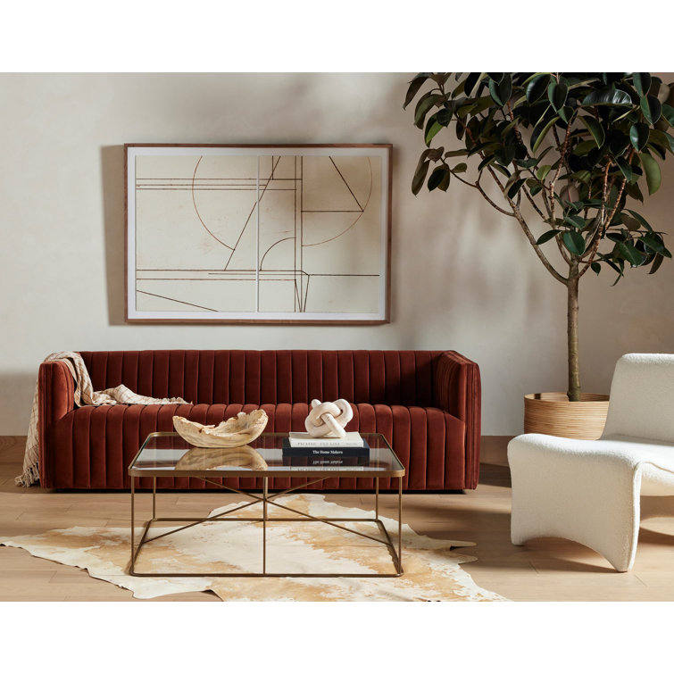 Surrey Auburn Contemporary Tufted Leather Sofa with Wood Accents