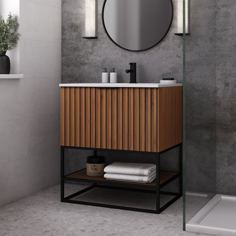 Walnut and White Quartz Single Bathroom Vanity with Matte Black Hardware