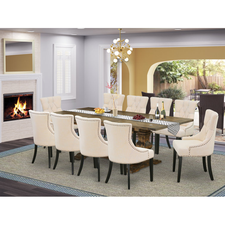 Distressed Jacobean Acacia Wood Dining Set with Light Beige Linen Chairs
