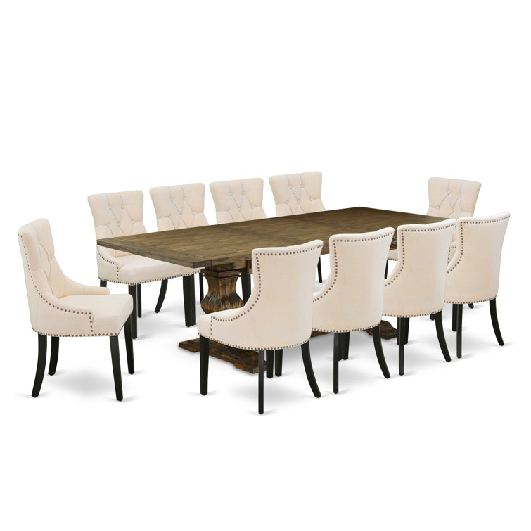 Distressed Jacobean Acacia Wood Dining Set with Light Beige Linen Chairs
