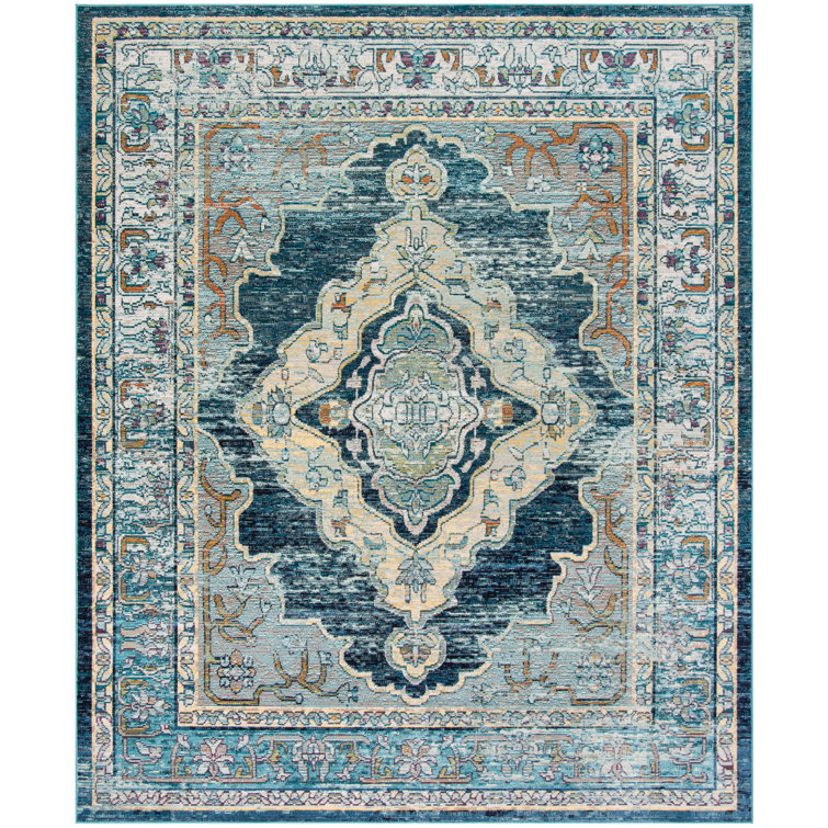 Blue and Yellow Floral Medallion Area Rug 9' x 12'