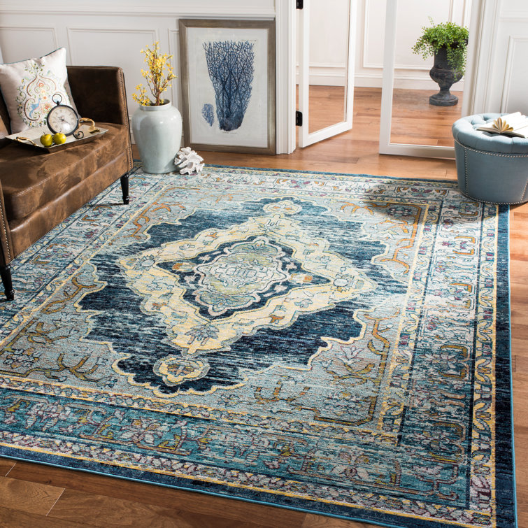 Blue and Yellow Floral Medallion Area Rug 9' x 12'