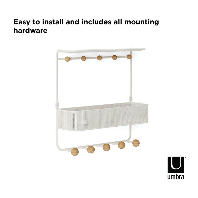 Estique White/Natural 10-Hook Wall Shelf with Perforated Metal Basket