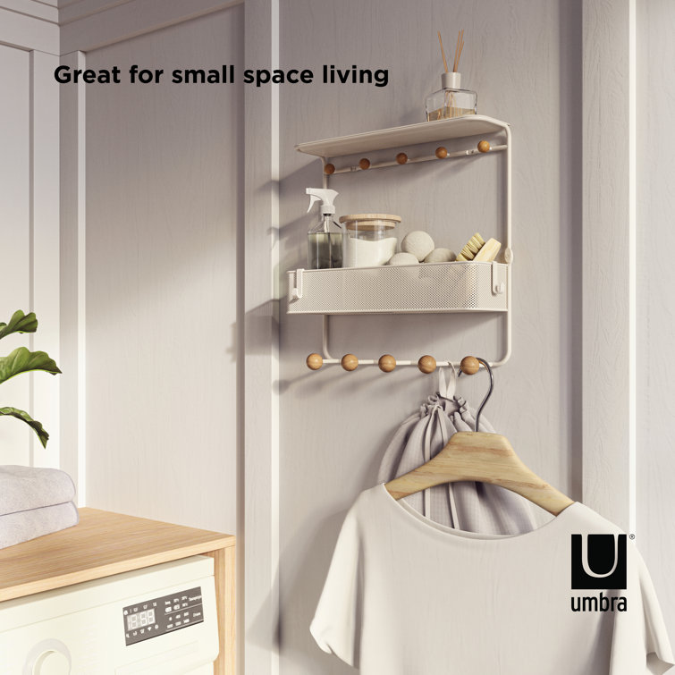 Estique White/Natural 10-Hook Wall Shelf with Perforated Metal Basket