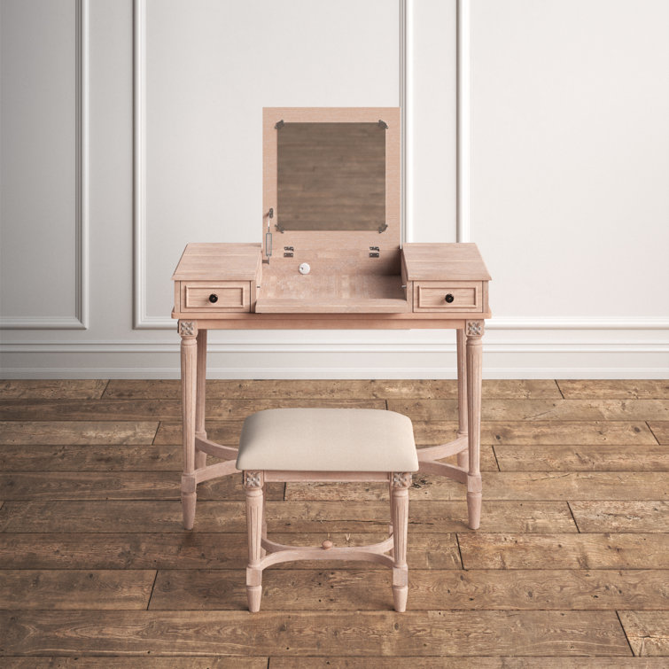 Cyndi Gray Wash Traditional Flip Top Vanity Set with Brass Accents