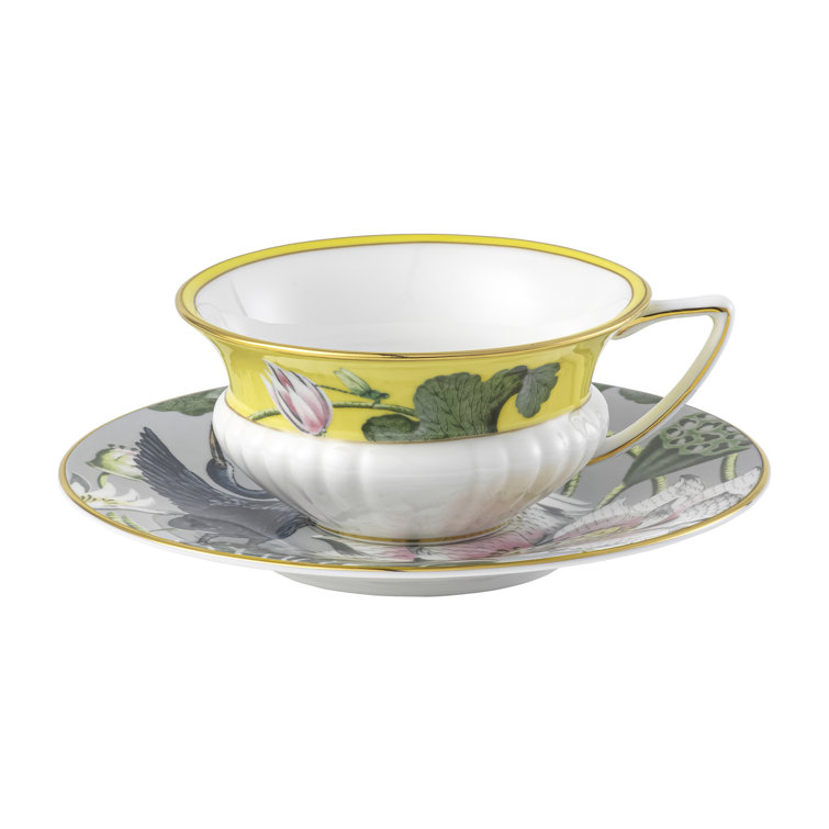 Colorful Floral Bone China Teacup and Saucer with Gold Trim